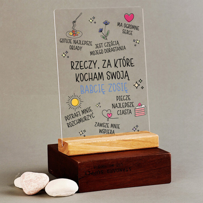 rzeczy, za które kocham babcię - Wydruk na szkle akrylowym z podstawką