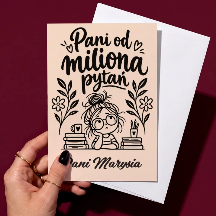 Kartka Personalizowana Na Dzień Nauczyciela Przedszkole Prezent Dla Nauczyciela Kobiety: Pani Od Miliona Pytań Kartka Personalizowana Na Dzień Nauczyciela Przedszkole Prezent Dla Nauczyciela Kobiety: Pani Od Miliona Pytań