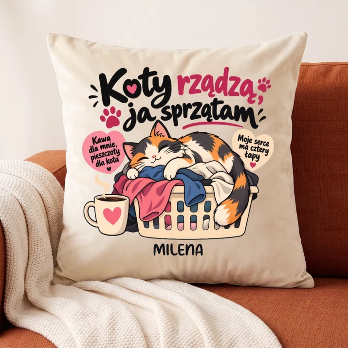 Poduszka Dekoracyjna Dla Kociary Prezent Dla Kobiety: Koty Rządzą, Ja Sprzątam
