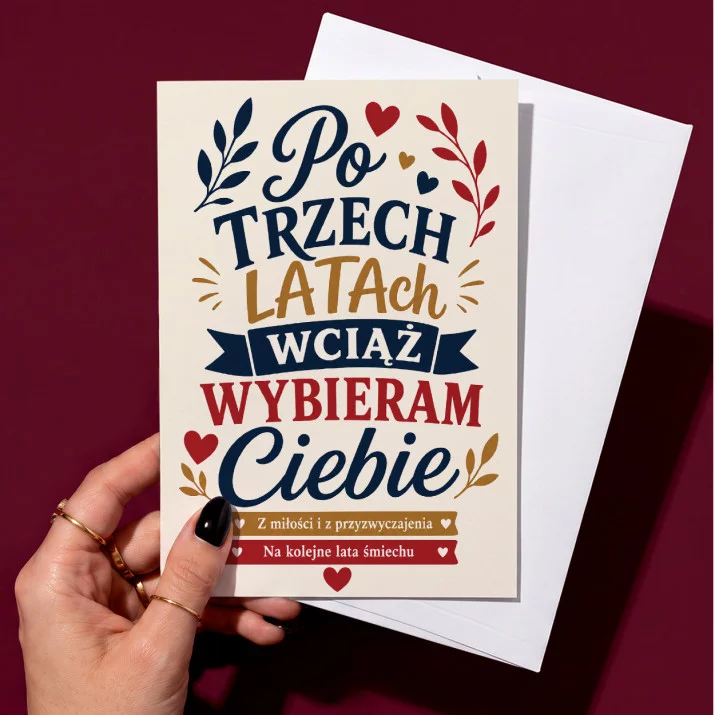 Kartka z Życzeniami Na 3 Rocznicę Ślubu Na Walentynki Dla Pary: Trzy Lata Razem Kartka z Życzeniami Na 3 Rocznicę Ślubu Na Walentynki Dla Pary: Trzy Lata Razem
