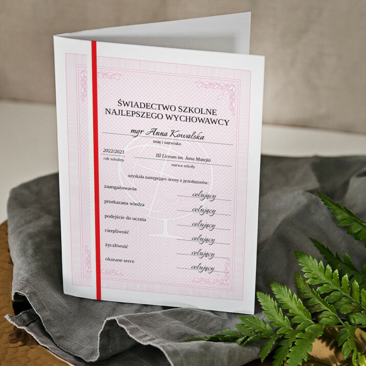Świadectwo dla najlepszego wychowawcy - różowe - kartka z życzeniami