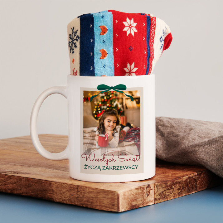 Świąteczne zdjęcie kokardka - Zimowe skarpetki w kubku