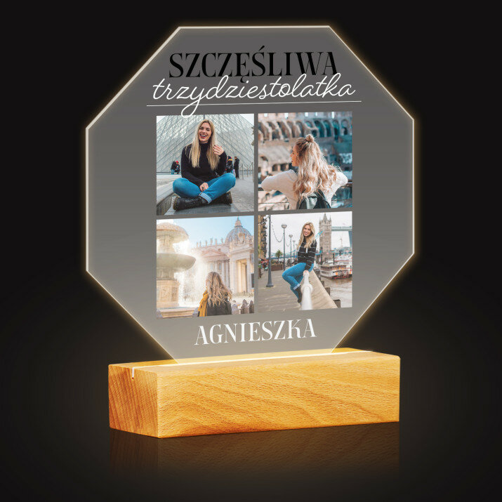 Szczęśliwa trzydziestolatka - Wydruk na szkle akrylowym led ośmiokąt