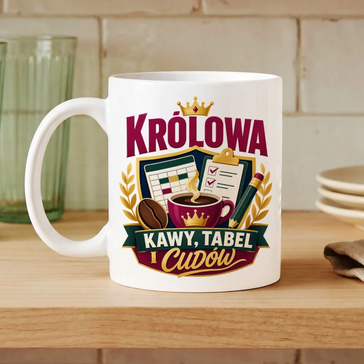 Kubek Z Nadrukiem Dla Koleżanki Z Pracy Prezent Dla Kobiety: Królowa Kawy Tabel I Cudów Kubek Z Nadrukiem Dla Koleżanki Z Pracy Prezent Dla Kobiety: Królowa Kawy Tabel I Cudów