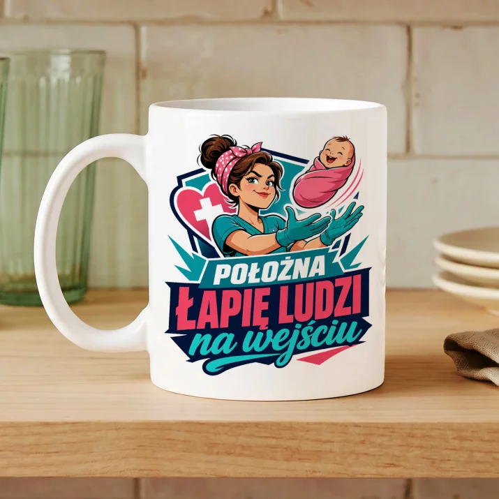Kubek Z Nadrukiem Dla Położnej Prezent Dla Kobiety: Łapię Ludzi Kubek Z Nadrukiem Dla Położnej Prezent Dla Kobiety: Łapię Ludzi