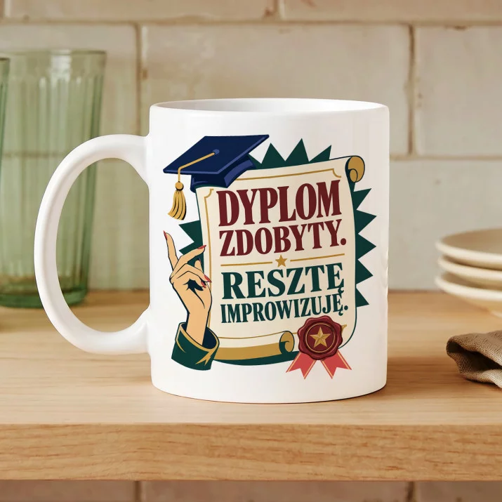 Kubek Z Nadrukiem Na Zakończenie Szkoły Prezent Dla Kobiety: Dyplom Zdobyty Kubek Z Nadrukiem Na Zakończenie Szkoły Prezent Dla Kobiety: Dyplom Zdobyty