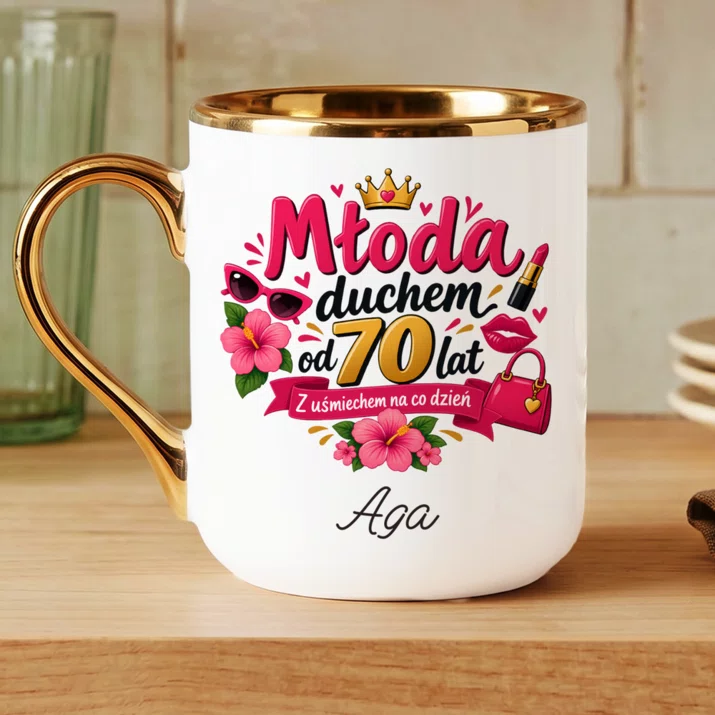 Kubek Personalizowany Dla 70 Latki Prezent Na 70 Urodziny Dla Kobiety: Młoda Duchem Od 70 Lat