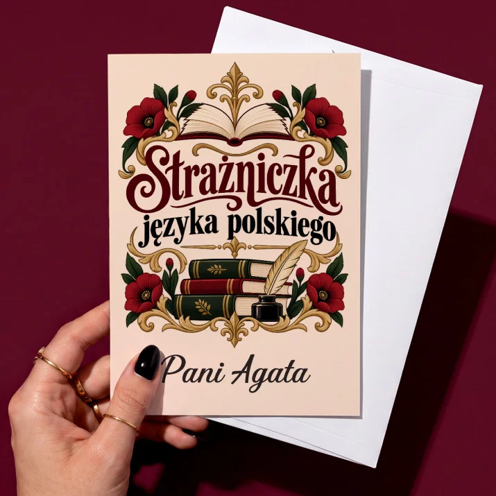 Kartka Personalizowana Dla Nauczycielki Polskiego Prezent Na Dzień Nauczyciela Dla Kobiety: Strażniczka Języka Kartka Personalizowana Dla Nauczycielki Polskiego Prezent Na Dzień Nauczyciela Dla Kobiety: Strażniczka Języka