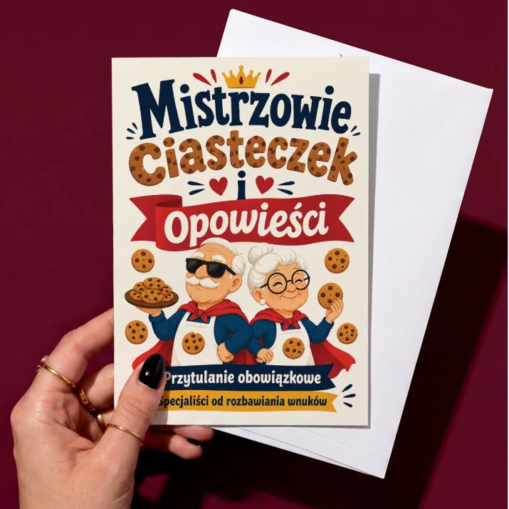 Kartka z Życzeniami Dla Dziadka i Babci Na Dzień Babci i Dziadka Dla Pary: Mistrzowie Ciasteczek Kartka z Życzeniami Dla Dziadka i Babci Na Dzień Babci i Dziadka Dla Pary: Mistrzowie Ciasteczek