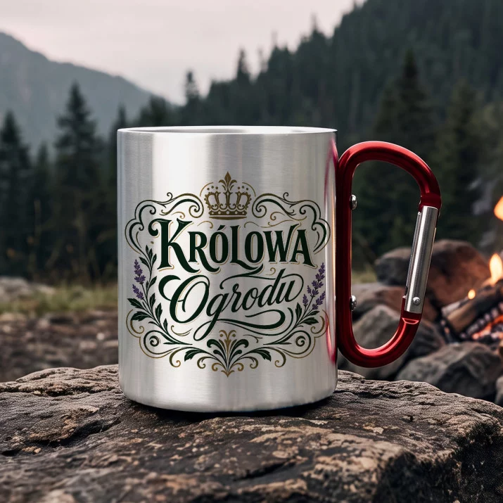 Kubek Metalowy z Karabińczykiem Dla Ogrodniczki Prezent Dla Kobiety: Ornamentalna Królowa Kubek Metalowy z Karabińczykiem Dla Ogrodniczki Prezent Dla Kobiety: Ornamentalna Królowa