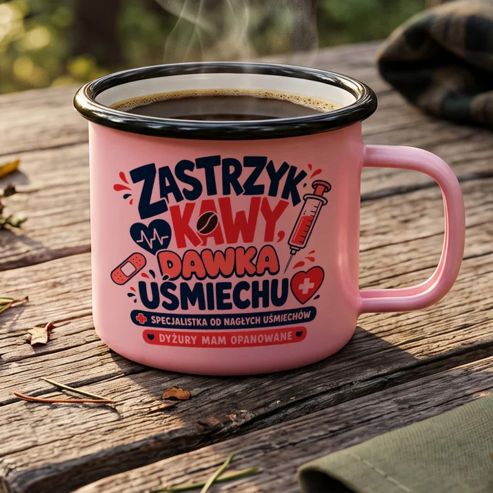 Kubek Emaliowany Dla Pielęgniarki Prezent Dla Kobiety: Kawowy Zastrzyk Humoru Kubek Emaliowany Dla Pielęgniarki Prezent Dla Kobiety: Kawowy Zastrzyk Humoru