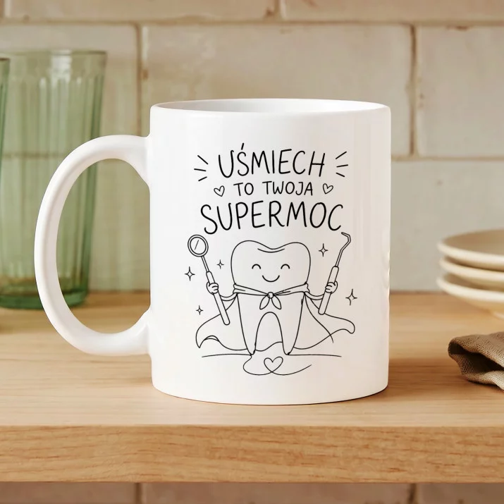 Kubek Z Nadrukiem Dla Stomatologa Prezent Dla Mężczyzny: Uśmiech To Twoja Supermoc Kubek Z Nadrukiem Dla Stomatologa Prezent Dla Mężczyzny: Uśmiech To Twoja Supermoc