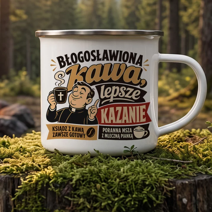 Kubek Emaliowany Dla Księdza Prezent Dla Mężczyzny: Ksiądz Z Kawą Kubek Emaliowany Dla Księdza Prezent Dla Mężczyzny: Ksiądz Z Kawą
