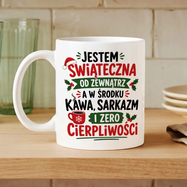 Kubek Z Nadrukiem Na Święta Bożego Narodzenia Prezent Dla Kobiety: Świąteczna Kawa I Sarkazm Kubek Z Nadrukiem Na Święta Bożego Narodzenia Prezent Dla Kobiety: Świąteczna Kawa I Sarkazm