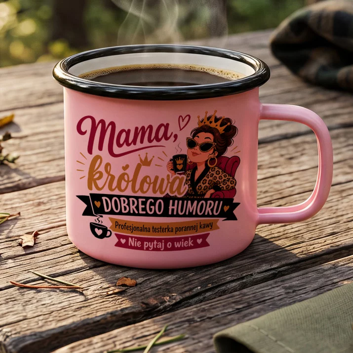 Kubek Emaliowany Na 50 Urodziny Mamy Prezent Na 50 Urodziny Dla Kobiety: Kawowa Królowa Humoru Kubek Emaliowany Na 50 Urodziny Mamy Prezent Na 50 Urodziny Dla Kobiety: Kawowa Królowa Humoru
