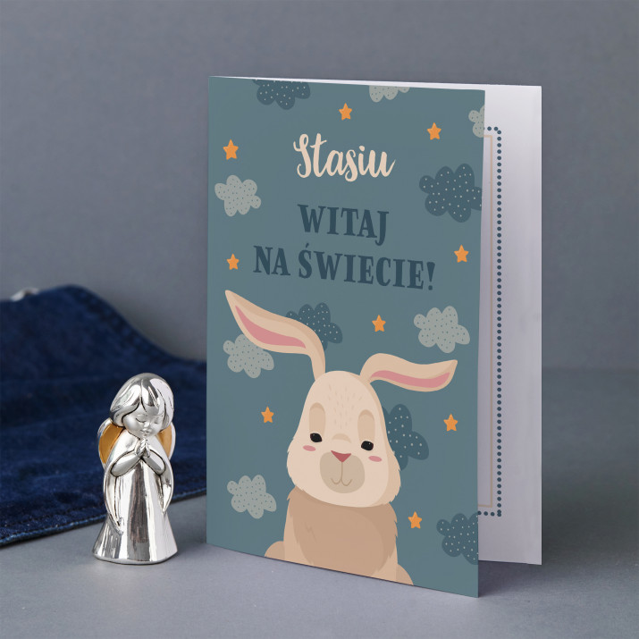 Witaj na świecie - Zestaw srebrny aniołek i kartka