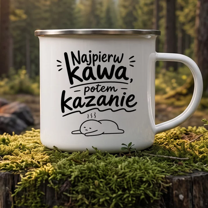 Kubek Emaliowany Dla Księdza Prezent Dla Mężczyzny: Poranna Kawa I Kazanie Kubek Emaliowany Dla Księdza Prezent Dla Mężczyzny: Poranna Kawa I Kazanie