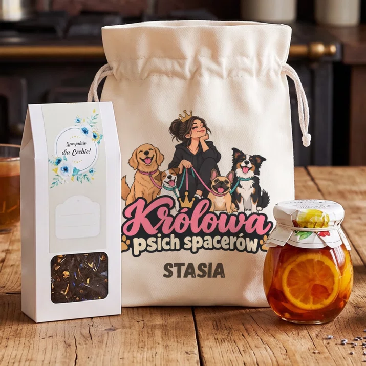 Zestaw Prezentowy z Herbatą Dla Psiary Prezent Dla Kobiety: Królowa Psich Spacerów Zestaw Prezentowy z Herbatą Dla Psiary Prezent Dla Kobiety: Królowa Psich Spacerów
