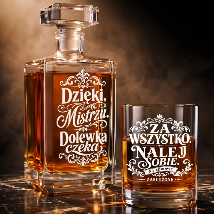 Zestaw Do Whisky Na Podziękowanie Prezent Dla Mężczyzny: Dzięki, Mistrzu. Dolewka Czeka Zestaw Do Whisky Na Podziękowanie Prezent Dla Mężczyzny: Dzięki, Mistrzu. Dolewka Czeka