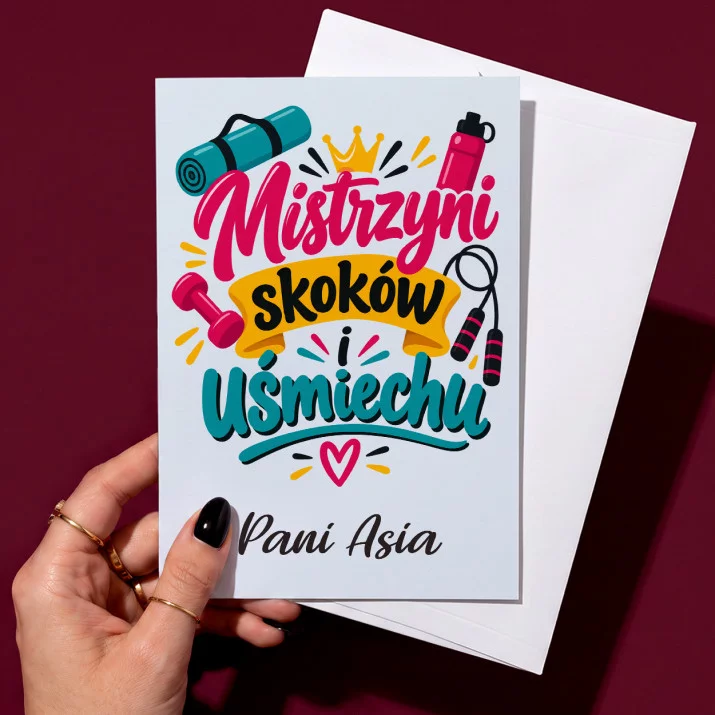 Kartka Personalizowana Dla Nauczycielki Wf Prezent Na Dzień Nauczyciela Dla Kobiety: Mistrzyni Skoków I Kartka Personalizowana Dla Nauczycielki Wf Prezent Na Dzień Nauczyciela Dla Kobiety: Mistrzyni Skoków I