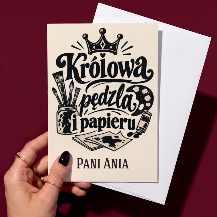 Kartka Personalizowana Dla Nauczycielki Plastyki Prezent Na Dzień Nauczyciela Dla Kobiety: Królowa Pędzla I Papieru Kartka Personalizowana Dla Nauczycielki Plastyki Prezent Na Dzień Nauczyciela Dla Kobiety: Królowa Pędzla I Papieru