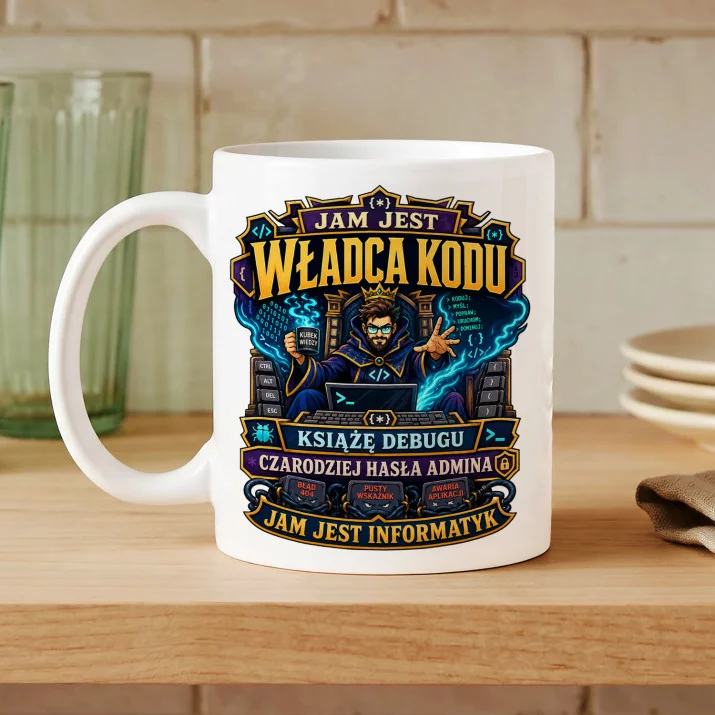 Kubek Z Nadrukiem Dla Informatyka Prezent Dla Mężczyzny: Arcymag Kodu I Pogromca Błędów Kubek Z Nadrukiem Dla Informatyka Prezent Dla Mężczyzny: Arcymag Kodu I Pogromca Błędów