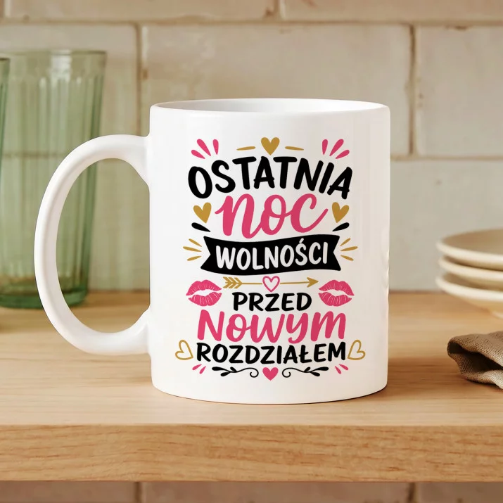 Kubek Z Nadrukiem Na Wieczór Panieński Prezent Dla Kobiety: Pożegnanie Wolności Kubek Z Nadrukiem Na Wieczór Panieński Prezent Dla Kobiety: Pożegnanie Wolności