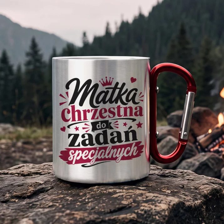 Kubek Metalowy z Karabińczykiem Dla Matki Chrzestnej Prezent Dla Kobiety: Chrzestna Z Humorem Kubek Metalowy z Karabińczykiem Dla Matki Chrzestnej Prezent Dla Kobiety: Chrzestna Z Humorem
