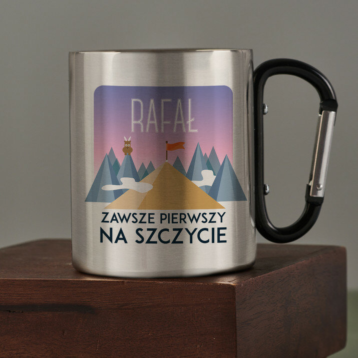 Zawsze pierwszy na szczycie - Kubek metalowy z karabińczykiem
