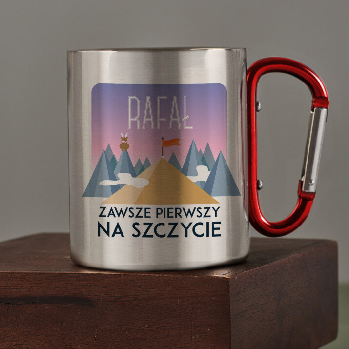 Zawsze pierwszy na szczycie - Kubek metalowy z karabińczykiem Zawsze pierwszy na szczycie - Kubek metalowy z karabińczykiem