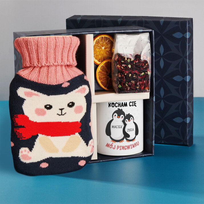 Zestaw prezentowy dla dziewczyny z kubkiem, termoforem i herbatą