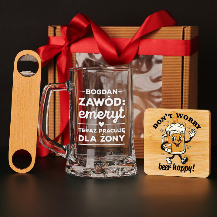 Zestaw prezentowy dla emeryta z kuflem i otwieraczem Zestaw prezentowy dla emeryta z kuflem i otwieraczem