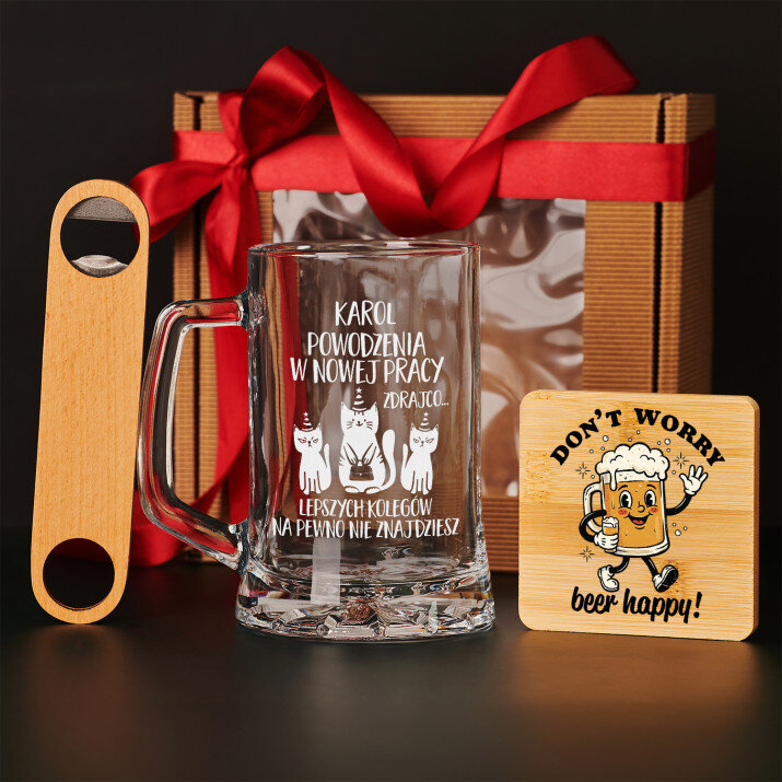 Zestaw prezentowy dla kolegi z pracy z kuflem i otwieraczem