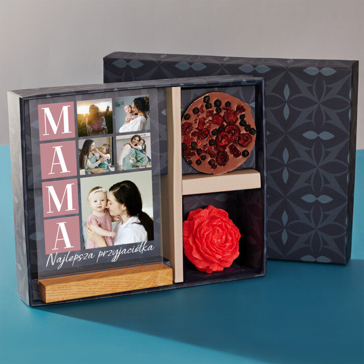 Zestaw prezentowy dla mamy z wydrukiem na szkle i czekoladą Zestaw prezentowy dla mamy z wydrukiem na szkle i czekoladą