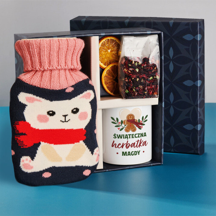 Zestaw prezentowy dla na święta 2 z kubkiem, termoforem i herbatą
