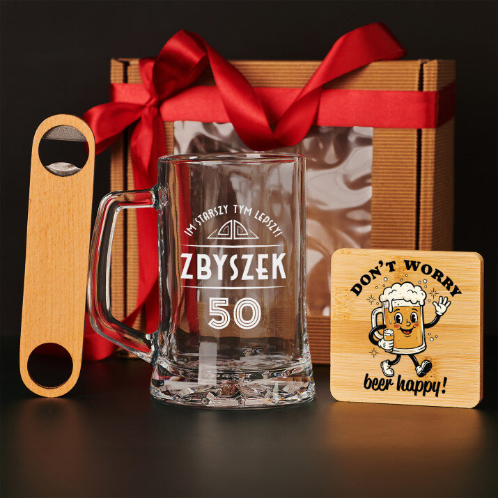 Zestaw prezentowy dla niego na urodziny z kuflem i otwieraczem