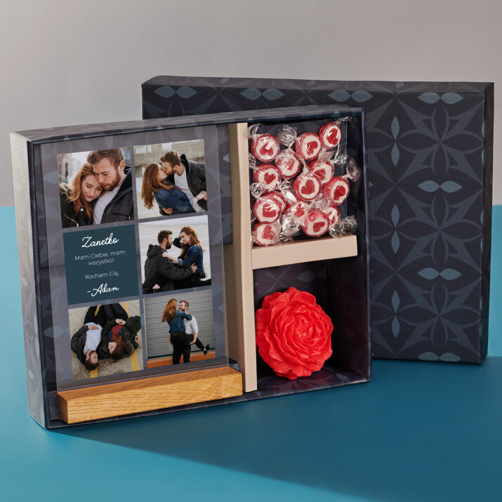 Zestaw prezentowy dla niej z wydrukiem na szkle i cukierkami Zestaw prezentowy dla niej z wydrukiem na szkle i cukierkami