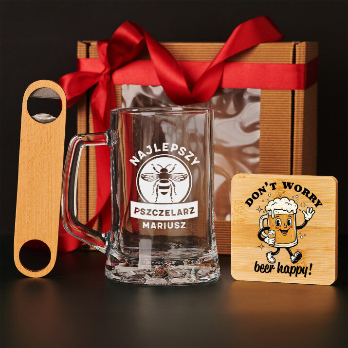 Zestaw prezentowy dla pszczelarza z kuflem i otwieraczem