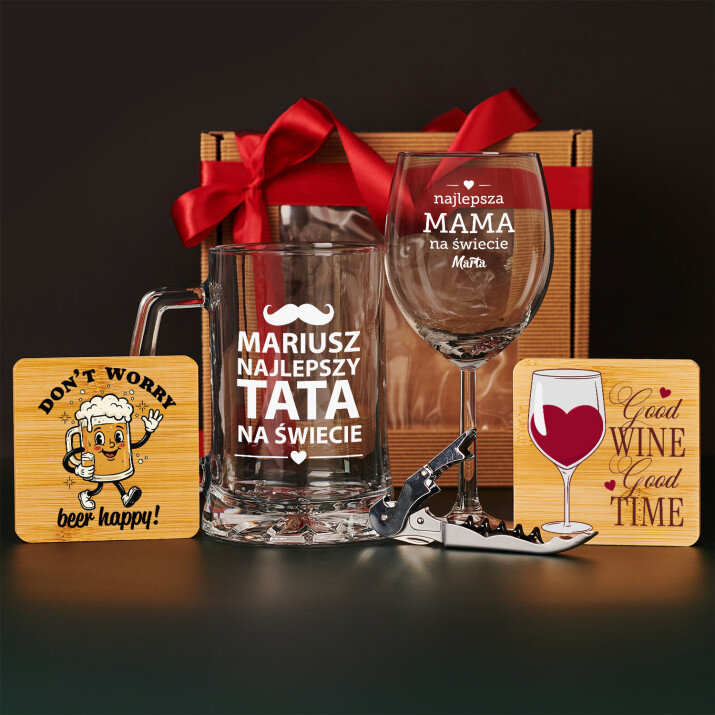Zestaw prezentowy dla rodziców z kieliszkiem do wina i kuflem