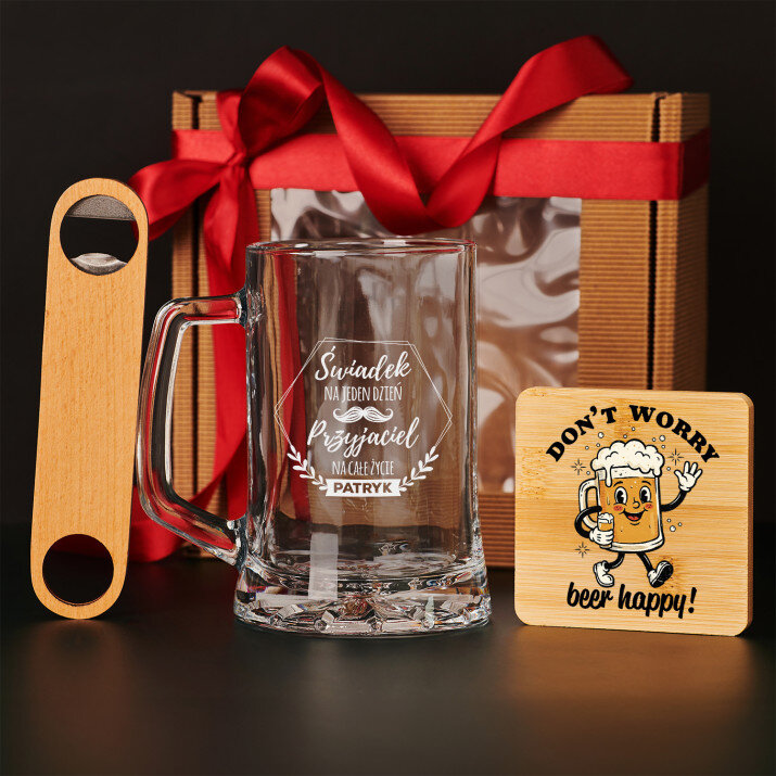 Zestaw prezentowy dla świadka z kuflem i otwieraczem