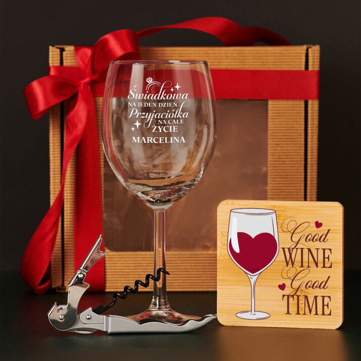 Zestaw prezentowy dla świadkowej z kieliszkiem do wina i korkociągiem
