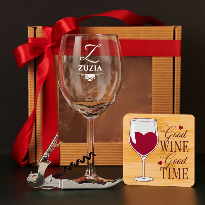 Zestaw prezentowy elegancki dla niej z kieliszkiem do wina i korkociągiem