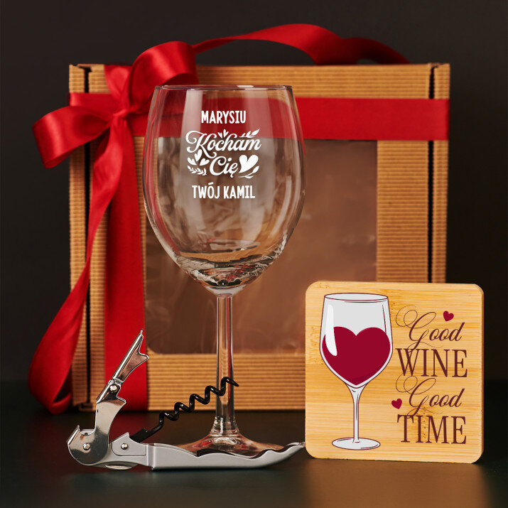Zestaw prezentowy miłosny z kieliszkiem do wina i korkociągiem