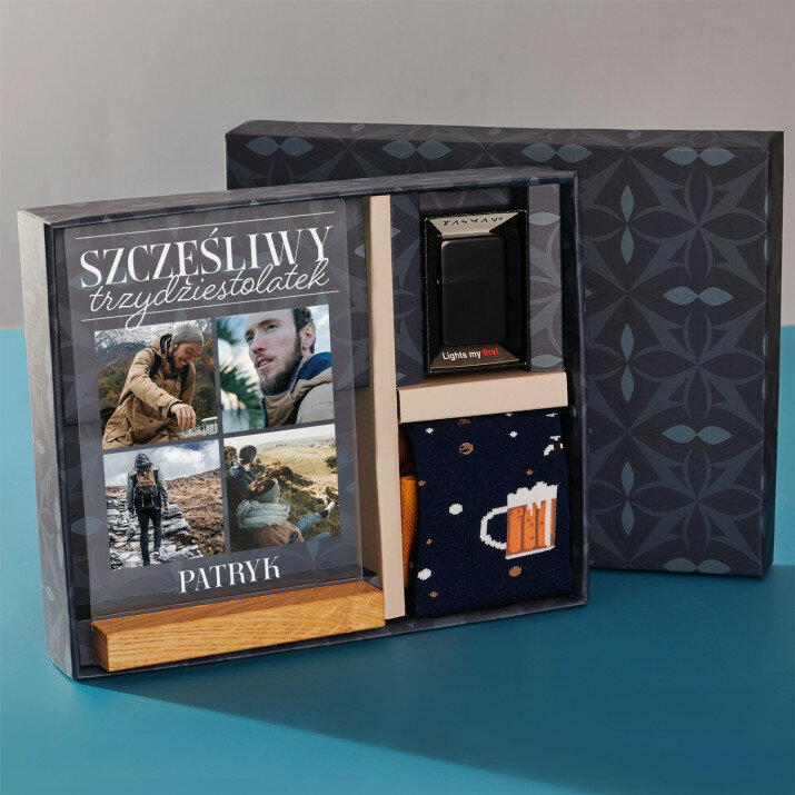 Zestaw prezentowy na 30 urodziny z wydrukiem na szkle i zapalniczką