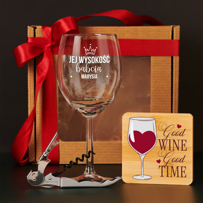 Zestaw prezentowy na dzień babci z kieliszkiem do wina i korkociągiem