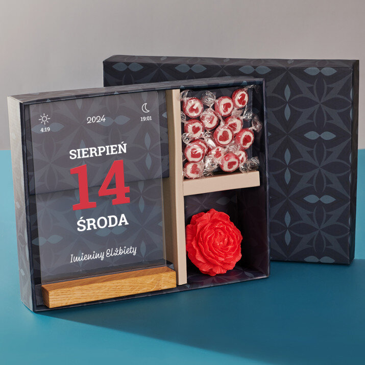 Zestaw prezentowy na imieniny z wydrukiem na szkle i cukierkami