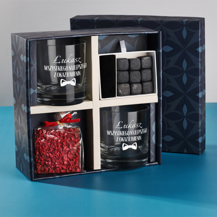 Zestaw prezentowy na imieniny ze szklankami do whisky
