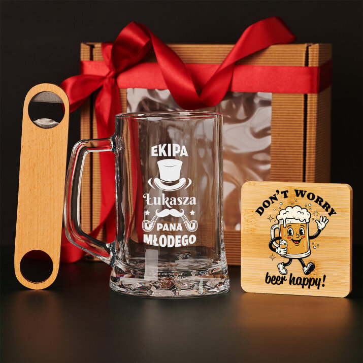 Zestaw prezentowy na kawalerski z kuflem i otwieraczem