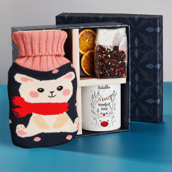 Zestaw prezentowy na święta z kubkiem, termoforem i herbatą