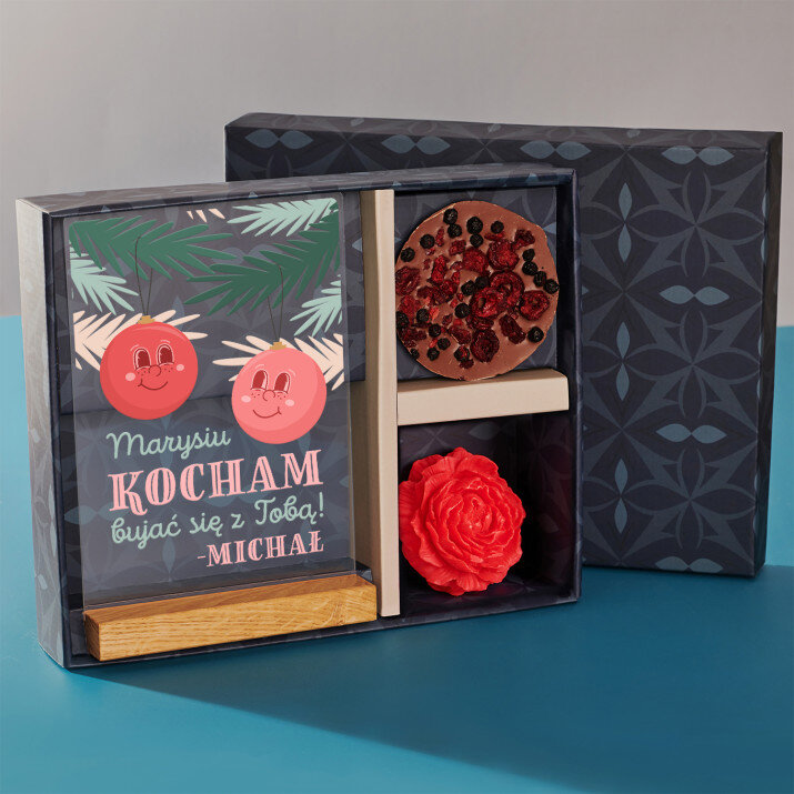 Zestaw prezentowy pod choinkę z wydrukiem na szkle i czekoladą